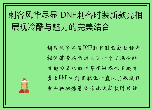 刺客风华尽显 DNF刺客时装新款亮相 展现冷酷与魅力的完美结合